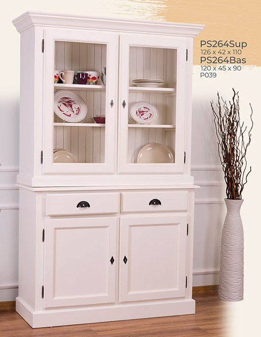 Buffet Vitrine, Anrichte + Aufsatz, 2 Glas-Türen, 2 Holztüren, 2 Schubladen, Kiefer massiv