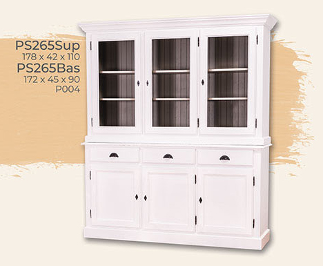 Buffet Vitrine, Anrichte + Aufsatz, 3 Glas-Türen, 3 Holztüren, 3 Schubladen, Kiefer massiv 2-farbig