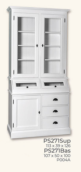 Buffet Vitrine, Anrichte + Aufsatz, 2 Glas-Türen, 1 Holztür, 3 Schubladen, Kiefer massiv antik lack.