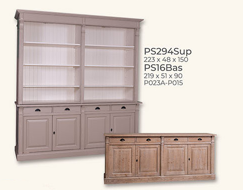 Buffet, Anrichte + Aufsatz, 4 Türen, 4 Schubladen, Kiefer massiv zweifarbig