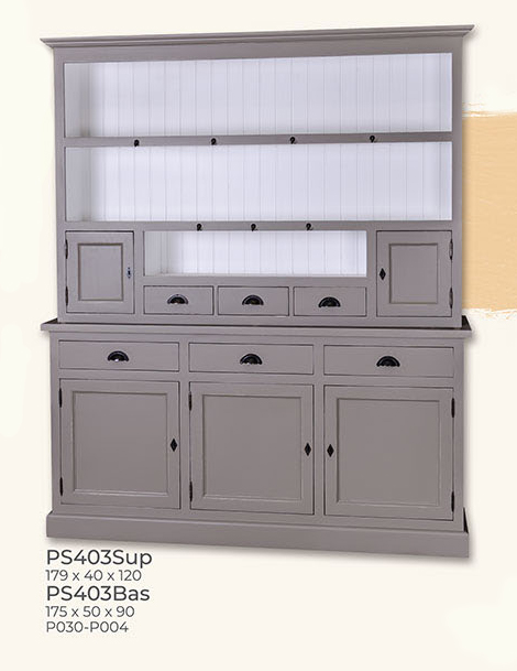 Buffet, Anrichte + Aufsatz, 5 Holztüren, 6 Schubladen, Kiefer massiv, zweifarbig lackiert