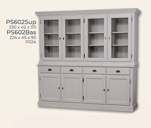 Buffet Vitrine, Anrichte + Aufsatz, 4 Glas-Türen, 4 Holztüren, 4 Schubladen, Kiefer massiv