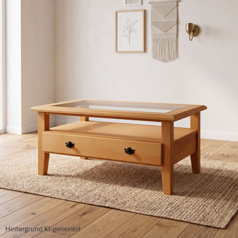 Couchtisch Füssen 70/110 cm mit Ablage und Schubladen, Platte mit Glasplatte