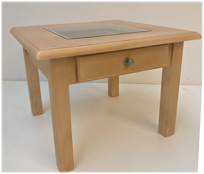 Lagerabverkauf Couchtisch Füssen 70/70 cm mit Glasplatte und Schubladen, unbehandelt , roh