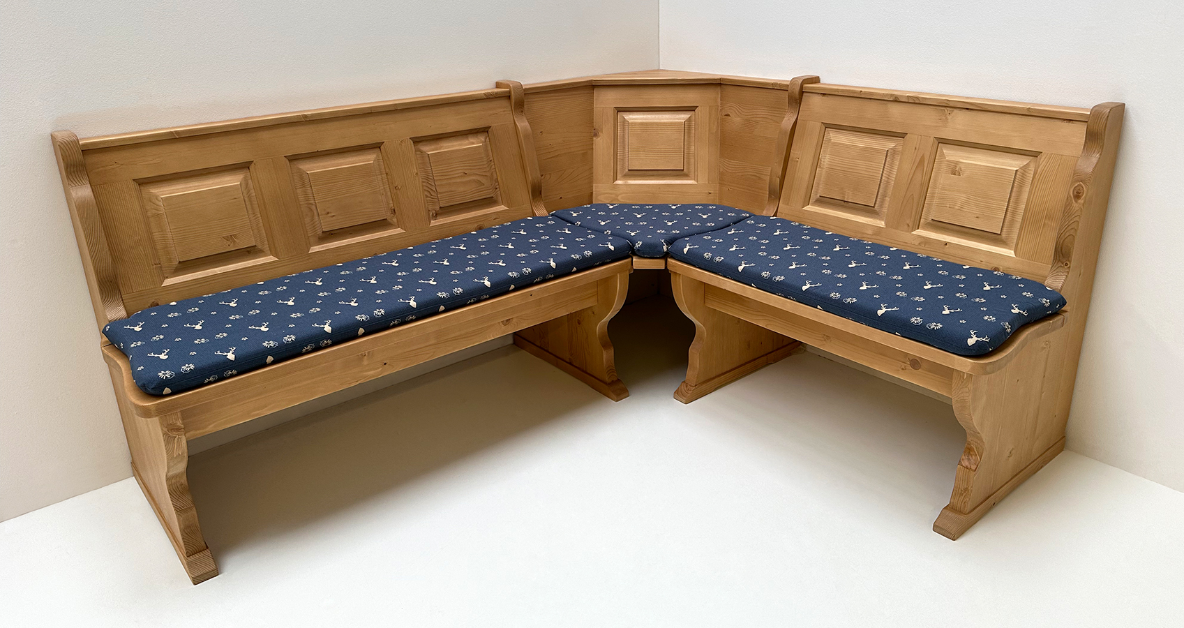 Eckbank Amberg klein 185/150 m.Truhe, Solo, Hartwachs, Polster genäht Landleben TS-3003, Hirsch blau