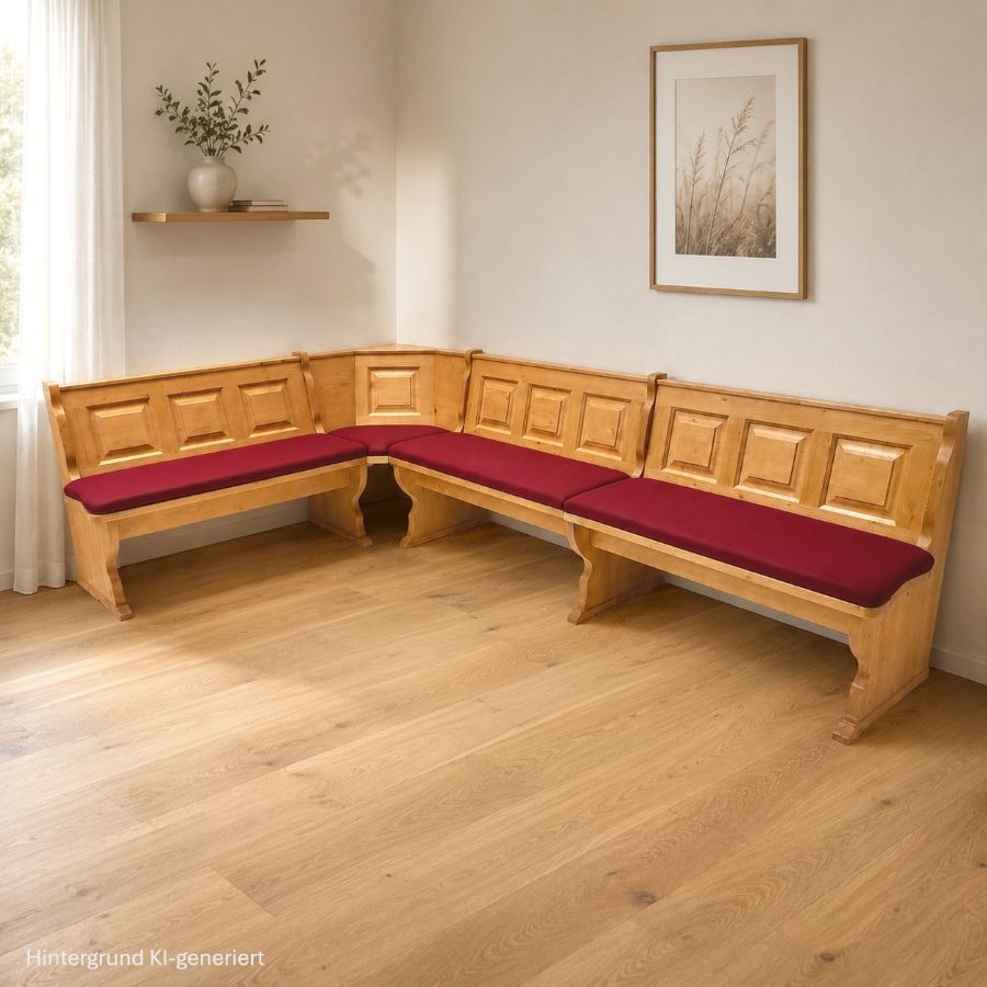 Eckbank System Amberg 185/300 cm, solo, mit Truhen, Hartwachs, Polsterplatte Santo 315  bordeaux