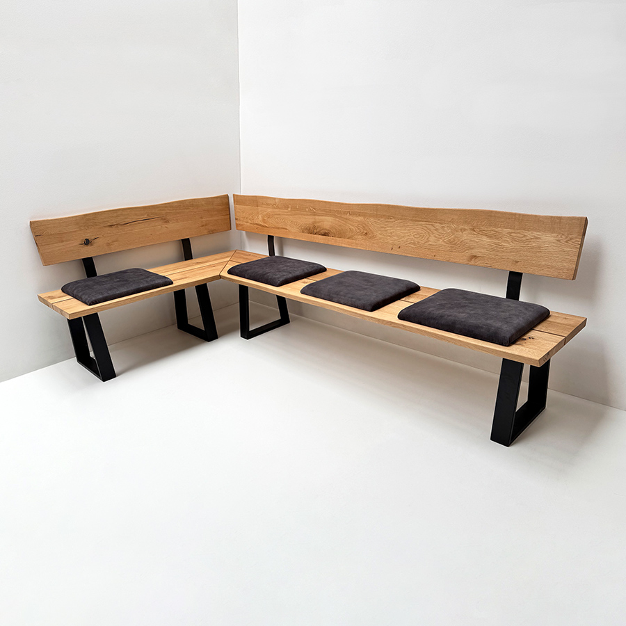Eckbank Baumbank Oviedo, Sondermaß !!  150/260  cm Wildeiche, Metallgestell, 4 Verschiebekissen