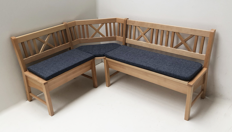Eckbank Bodensee 137/179 cm,  Buche massiv, Polstersatz genäht Stoff Natura blau 812
