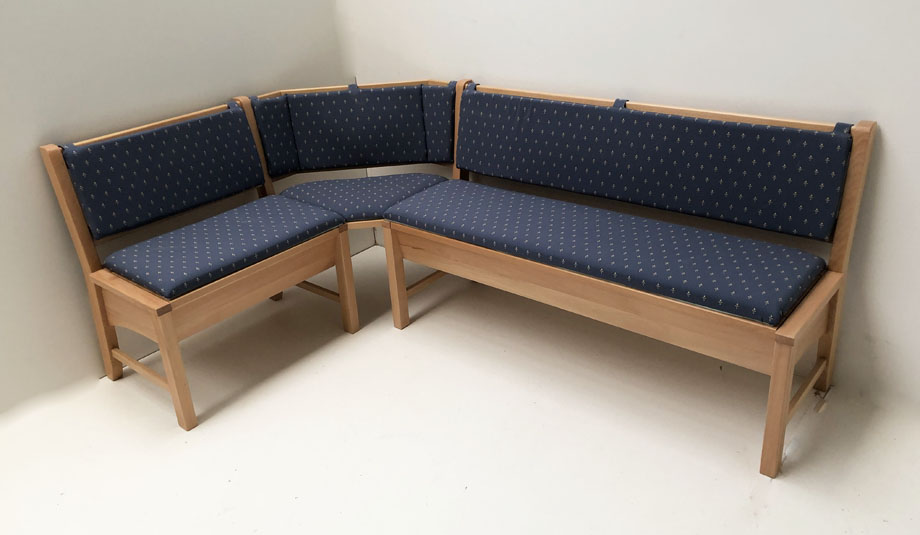 Eckbank Bodensee, 179/204 cm, Buche Polstersatz Polsterplatte, Rückenkissen genäht, Kundl blau