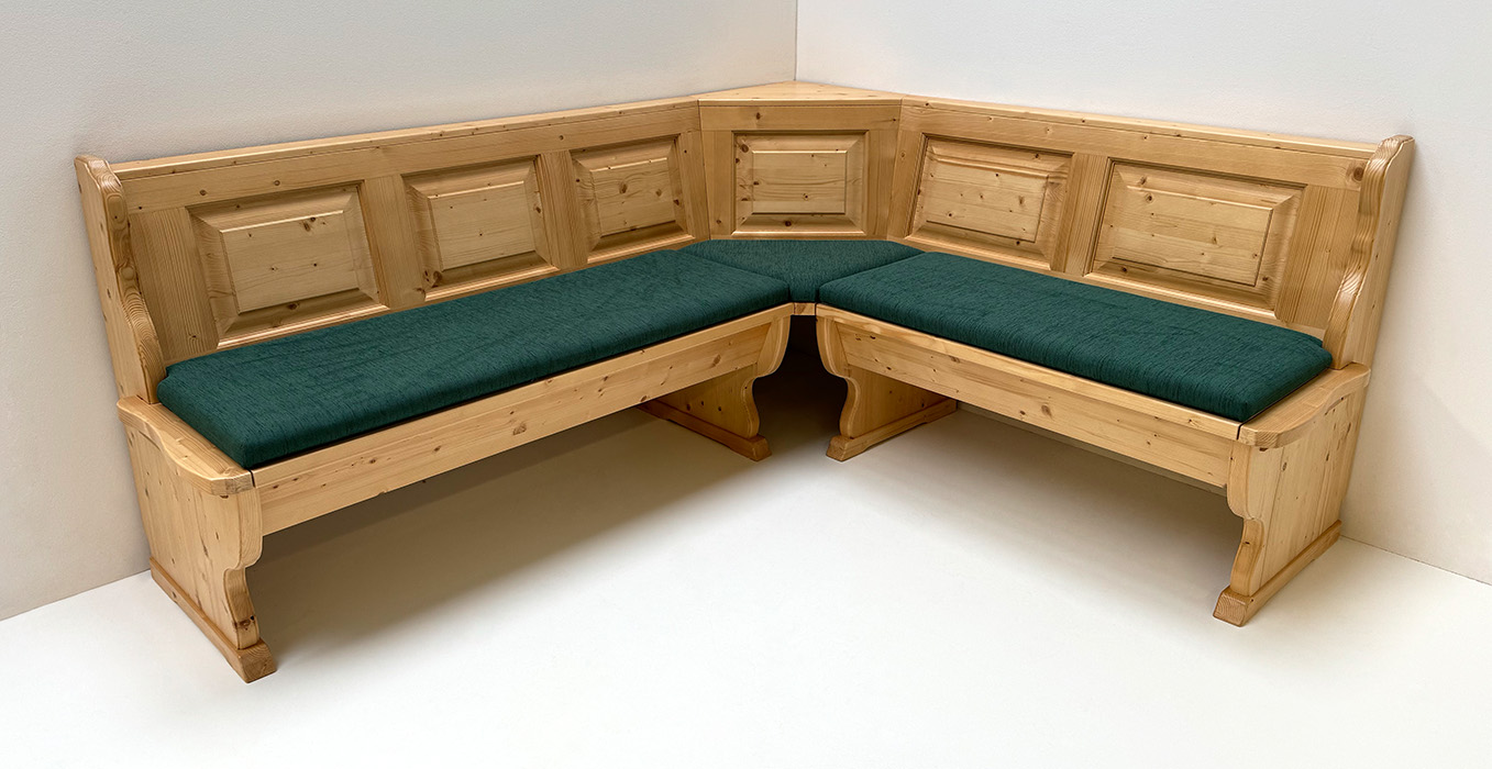 Eckbank Kufstein, 195/165 cm, mit Truhen, Rosner gebeizt und lackiert, Polsterplatte Waidhofen grün