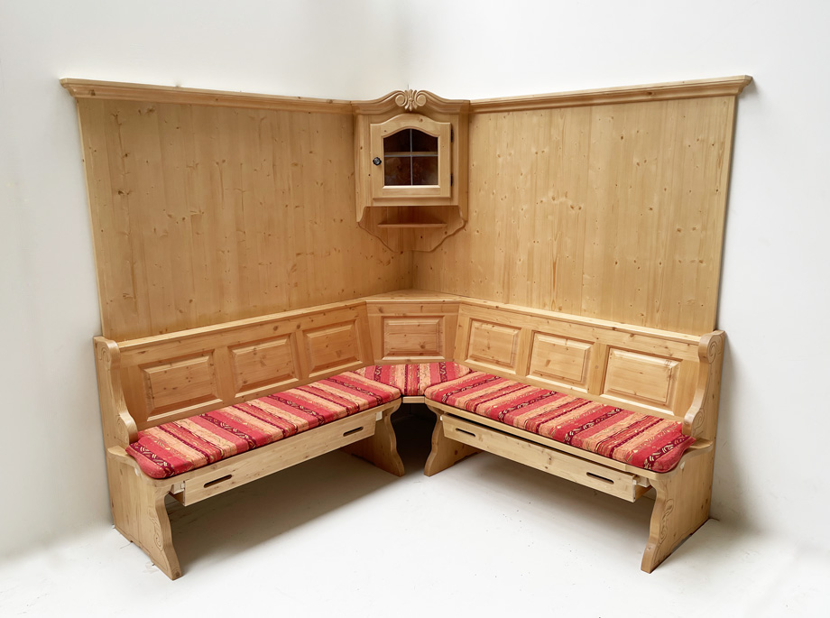 Eckbank Landau solo 195/195, Truhen ausziehbar, Wandverkleidung, Eckhänger, Polster Pocking bordeaux