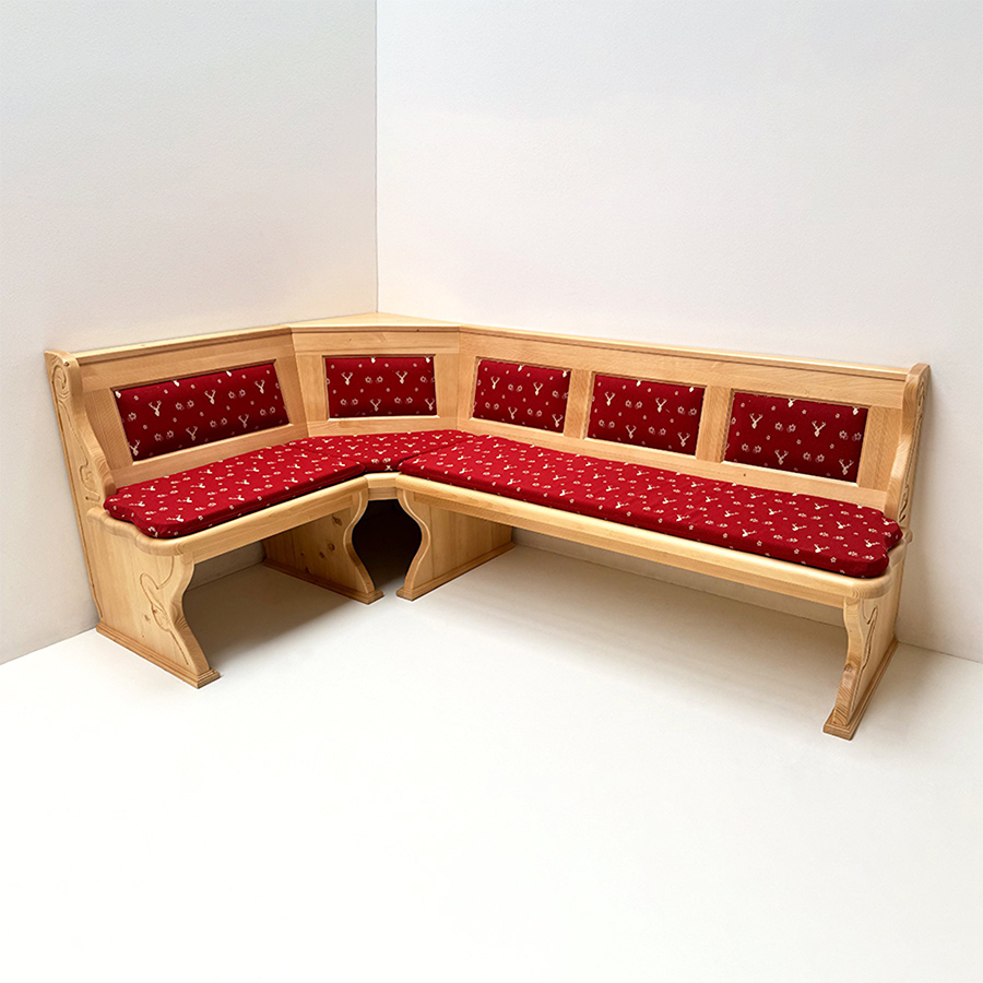 Eckbank Lindau 135/220 cm, ohne Truhe, Aussenwangen geschnitzt, Kassettenpolster, TS-3001 Hirsch rot