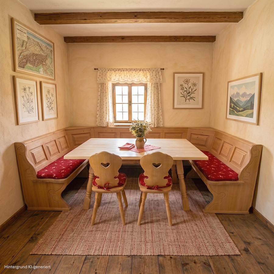 U-Eckbankgruppe Lindau 185/290/185, Truhen, Tisch 120/170 Ahorn, Polster 74855-1 Hirsch rot