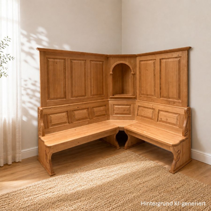 Eckbank Lindau 195/170 cm, Truhen, Aussenwangen geschnitzt,  Wandverkleidung, offenes Eckkapitel