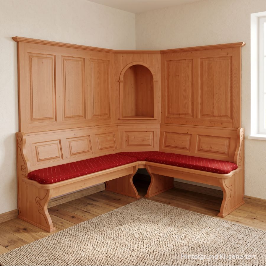 Eckbank Lindau 195/170 cm, Truhen,  geschnitzt, Wandverkleidung m. offenem Eckkapitel, Kundl rot