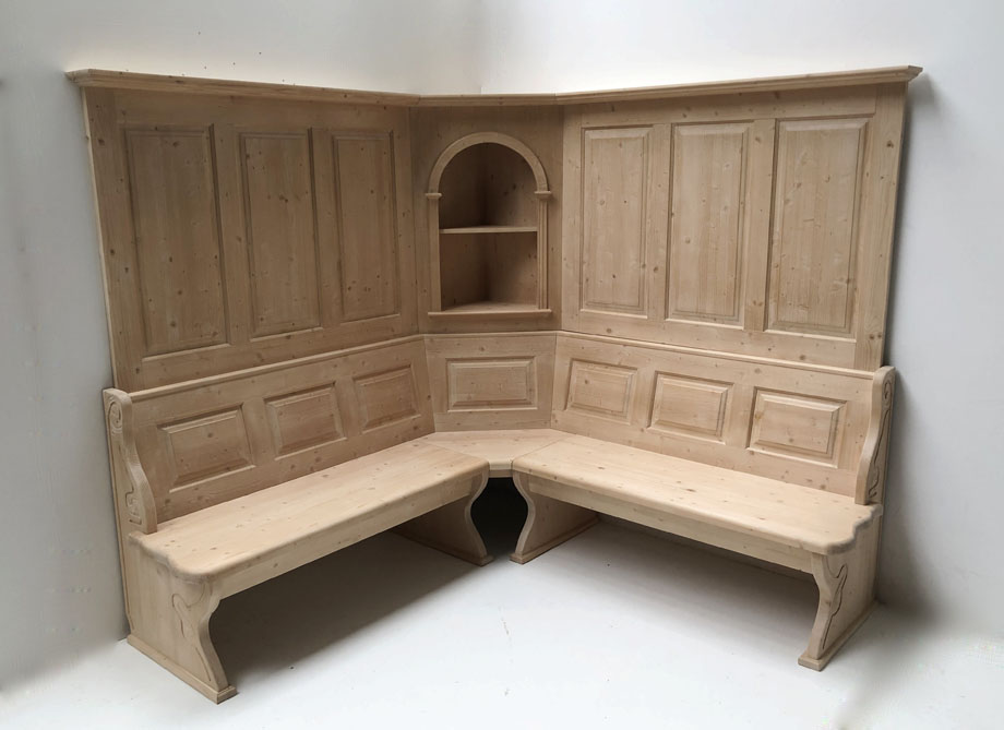 Eckbank LINDAU 195/195 Wandverkleidung mit Eckkapitel, extra tiefe Truhen, oben tiefes Bord 14 cm !