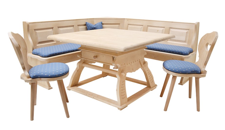 Eckbankgruppe LINDAU 195/195 mit Truhen, Jogl-Tisch Landau, Bauernstühle und Polstersatz