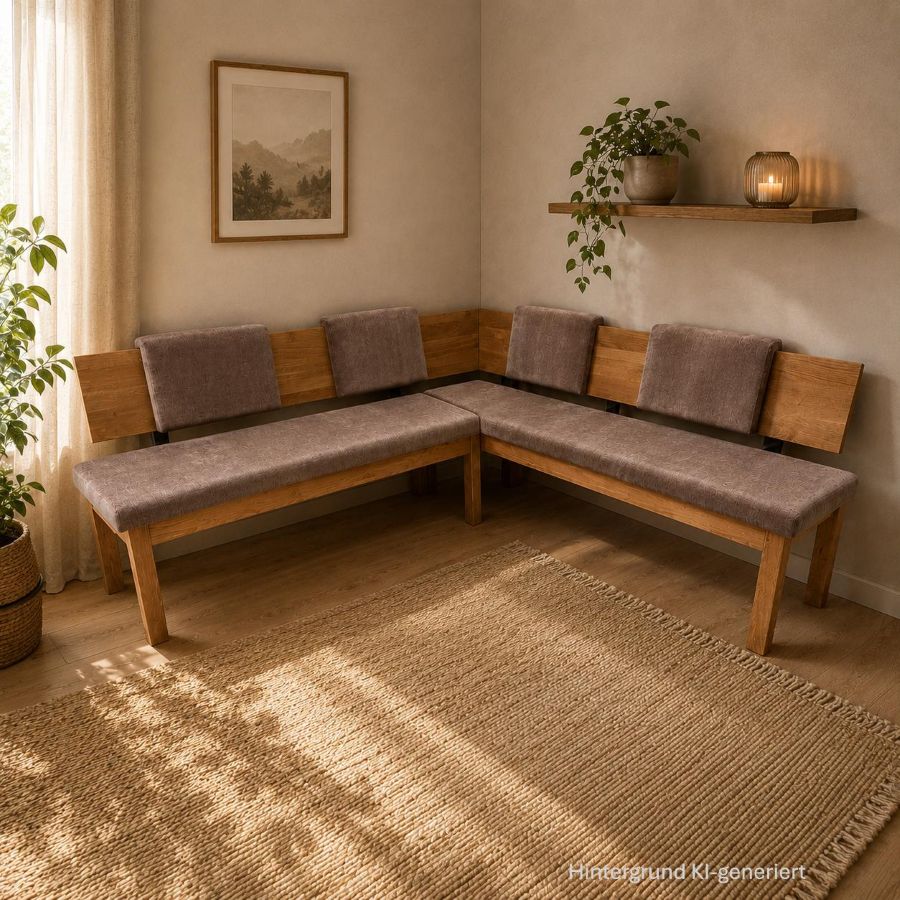 Eckbank Lorenzo, 220/220 cm, Lehne durchgehende Eiche ! 6 Einhängekissen, Höpke PURA 108FR