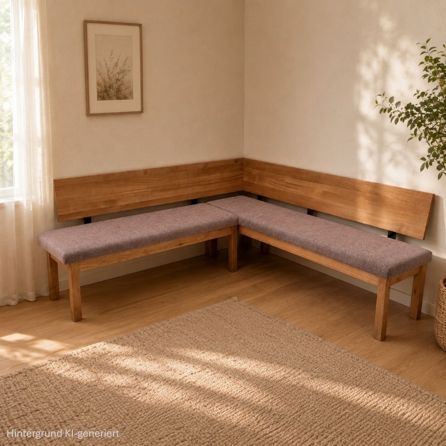 Eckbank Lorenzo, 220/220 cm, Lehne durchgehende Eiche ! Polster Höpke PURA 108FR