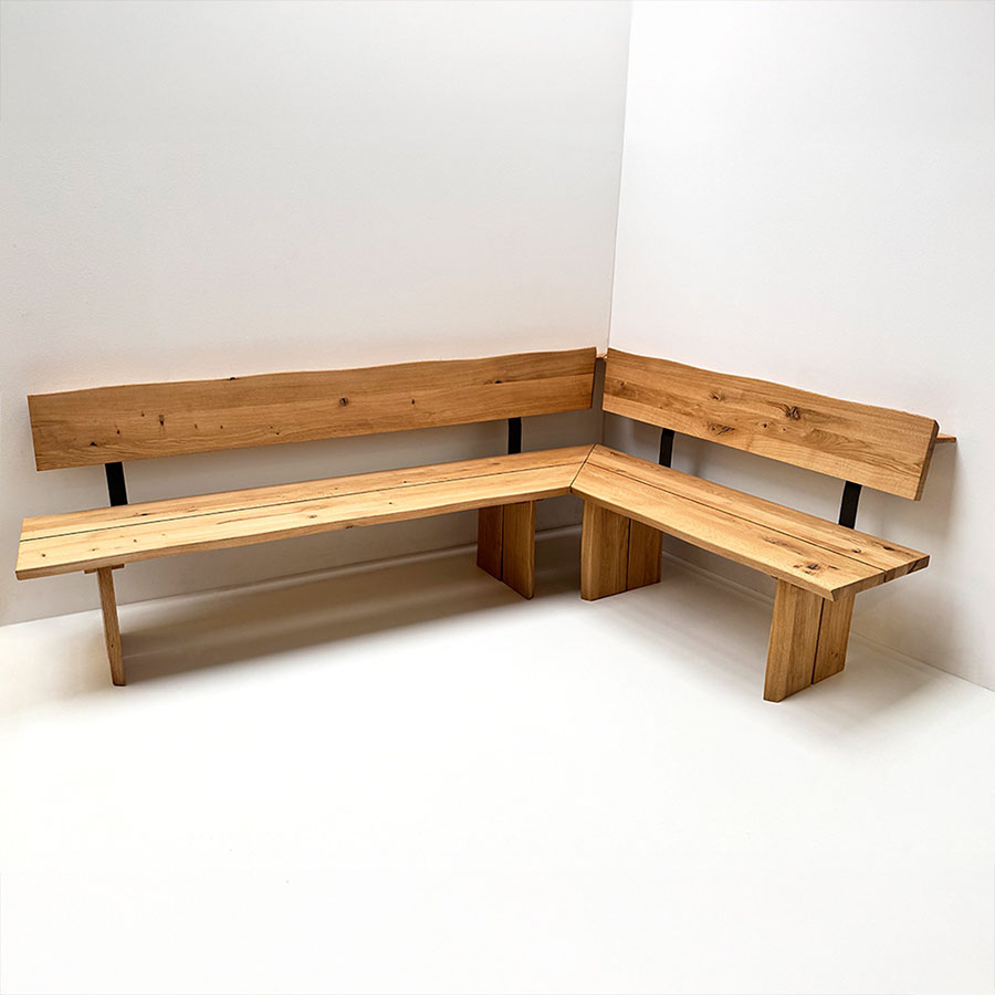 Eckbank Baumbank Oviedo, Sondermaß 250/170 cm, Ablagenverbreiterung, Heizungsgitter Wildeiche massiv