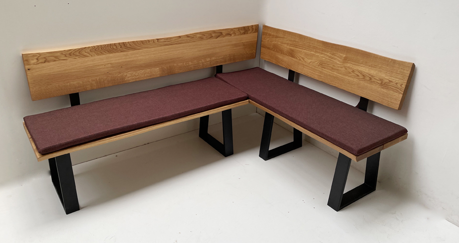 Eckbank Baumbank Oviedo 200/150 cm Wildeiche massiv geölt, Metallgestell, Polster genäht Verano 659