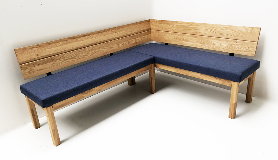 Eckbank Lorenzo 155/194 cm, Wildeiche massiv geölt, Holzlehne , Sitzpolster Sonderstoff Verano 674
