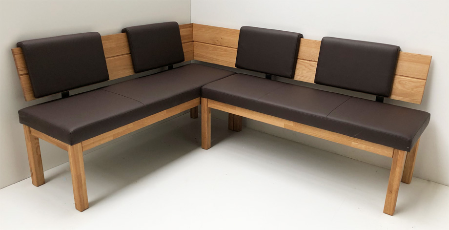 Eckbank Lorenzo 155/194 cm,Wildeiche massiv geölt, Polster nach Wunschton, Natura oder Verano