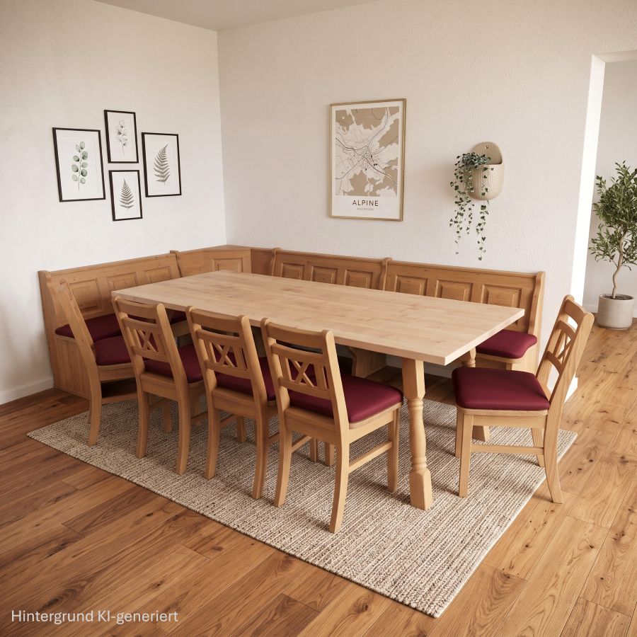 Eckbankgruppe Amberg Sondermaß 185/300 cm Tisch Amberg 100/240 cm, 4 Stühle 3830, Santo 315 bordeaux