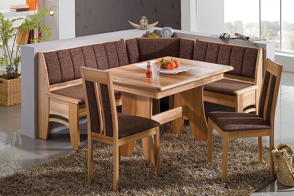 Eckbankgruppe Bali mit Wangentisch, 3 Stühle ,  Kernbuche lackiert, Natura braun