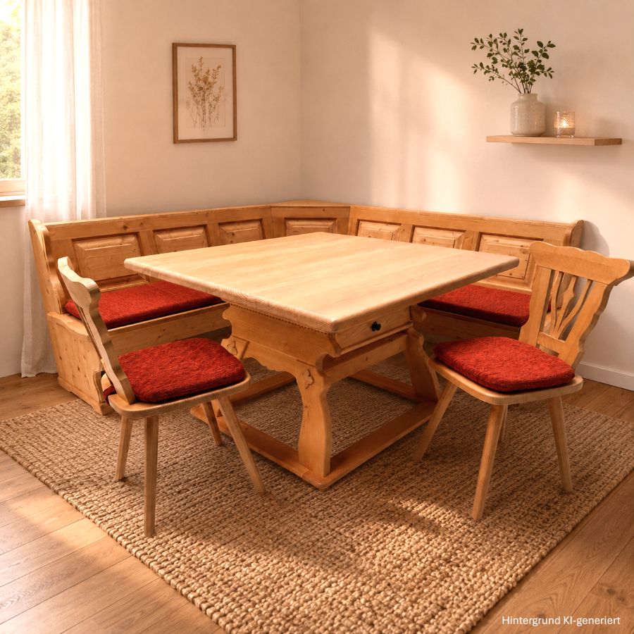 Eckbankgruppe Kufstein, 195/195, Jogl-Tisch, Einlegeplatte 120(160)/120 cm, 2 Stühle, Landshut rot