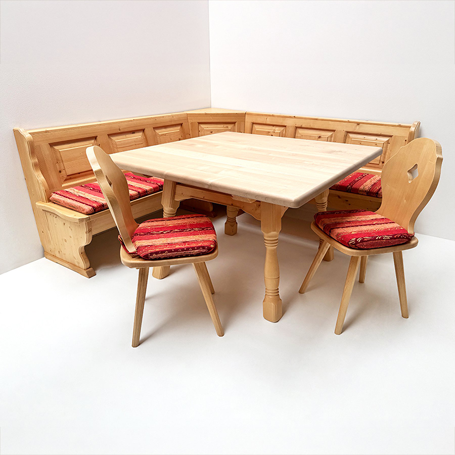 Eckbankgruppe Kufstein, 195/195 cm, Bürgertisch Ahorn 120/120, 2 Stühle, Polster Pocking bordeaux