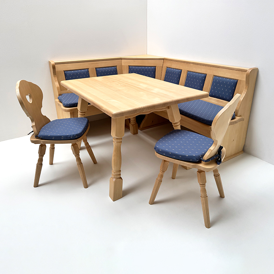 Eckbankgruppe LINDAU 150/185 Fichte, Tisch 4510-Amberg, Stuhl Munich, Polster genäht, Kundl blau