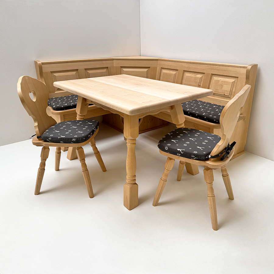 Eckbankgruppe LINDAU 150/185 Fichte, Tisch 4510-Amberg, Stuhl Munich, Polster genäht, TS-3005