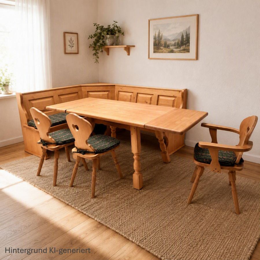 Eckbankgruppe LINDAU 165/195 , Tisch 4510, 2 Ansteckplatten, Stuhl Munich, Polster , Waidhaus grün