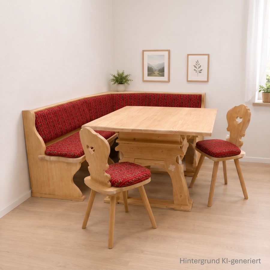 Eckbankgruppe LINDAU 175/175, Vollpolster, Jogl-Tisch 110/110cm, Stuhl Vienna 8-Kant, Waidhaus rot
