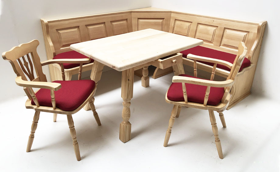 Eckbankgruppe LINDAU 185/185 Fichte, Tisch 4510-80/110 cm, Stühle WS-77A,  Polsterplatte Verano 657