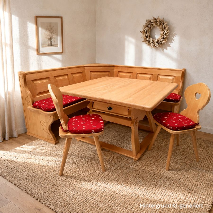 Eckbankgruppe LINDAU 185/185, Truhen, Jogl-Tisch  Landau, Stühle Munich, Polster TS-3001 Hirsch rot