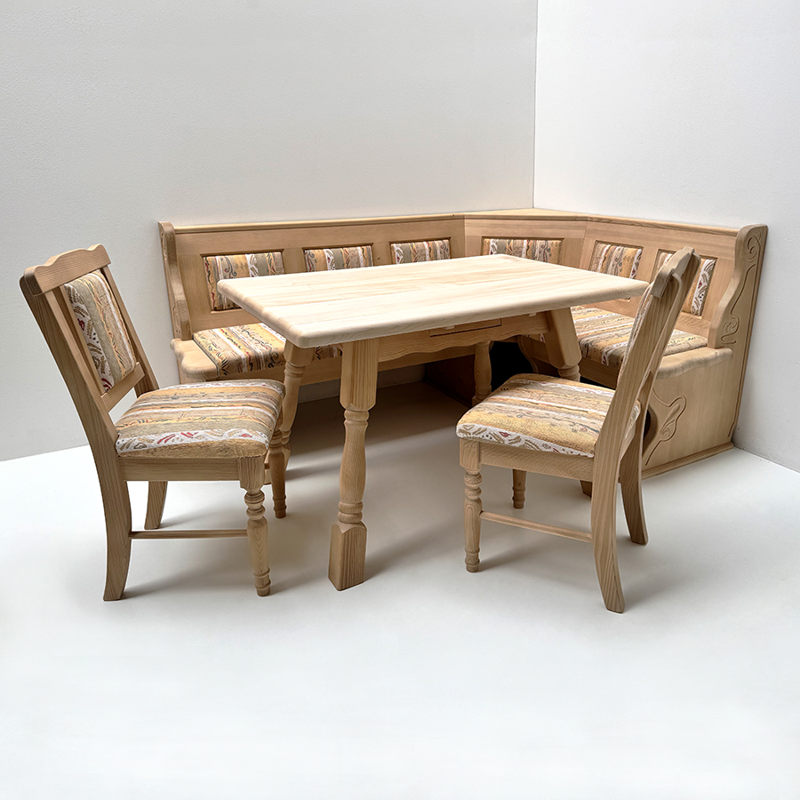 Eckbankgruppe LINDAU 195/145, Festpolster mit Truhen, Kasettenpolster, Tisch 4510, Ahorn, Stuhl 3150