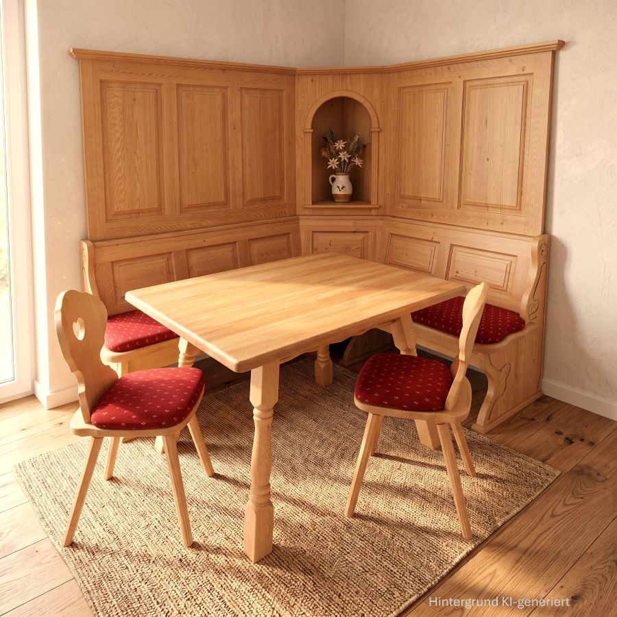 Eckbankgruppe Lindau 195/170cm, Truhen,  Wandverkleidung, Tisch 120/100 cm, Stühle Munich, Kundl rot