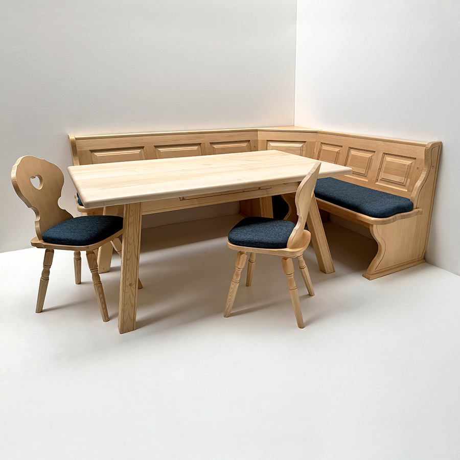 Eckbankgruppe LINDAU 220/185, Außenwange gerillt, Tisch 4510-G, Ahorn, Stuhl Munich, Verano 672