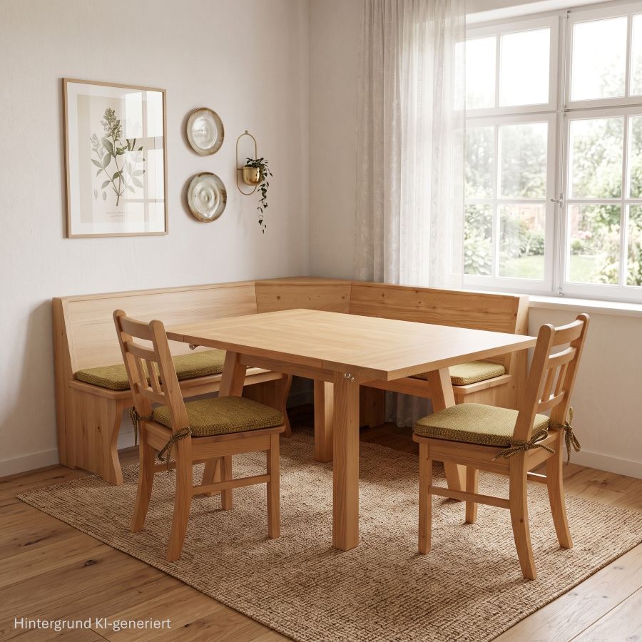 Eckbankgruppe LINDAU, Rosenheim, Glattrücken, Tisch 4510G, Stühle Nürnberg, Polster Natura 810 grün