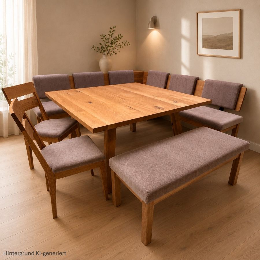 Eckbankgruppe Lorenzo, Eiche, Sondermaß 220/220 cm, Tisch 140/140 cm,  Vorbank 120, Stühle PURA 108