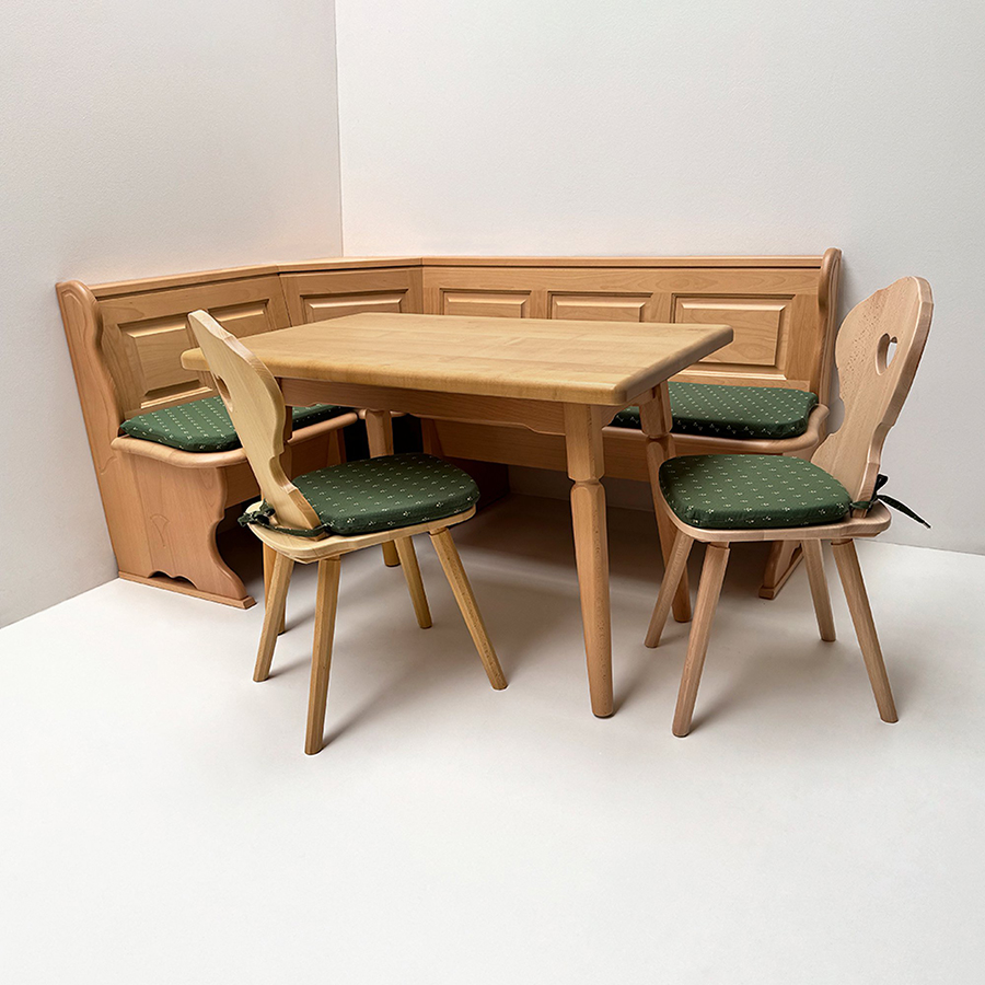 Eckbankgruppe Tegernsee Buche, Eckbank 125/189cm, Tisch 110/70 cm, Stuhl Munich, Polster Kundl grün