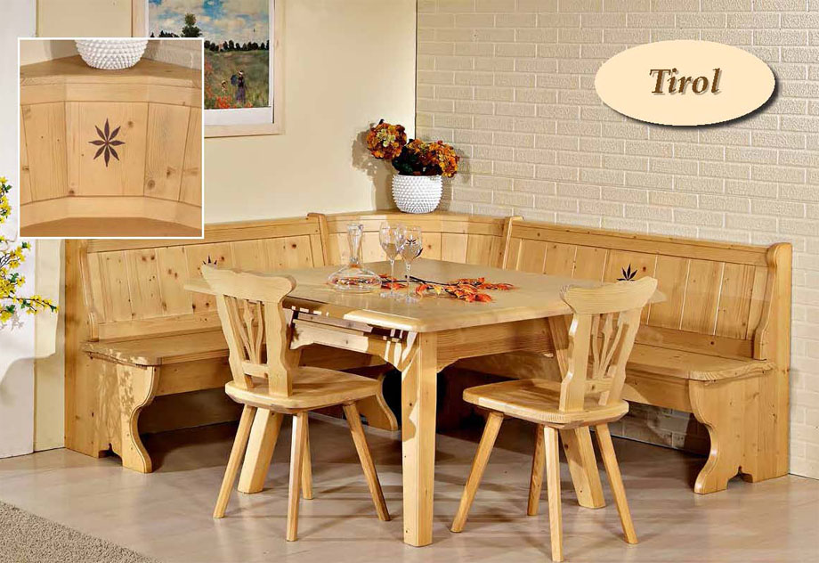 Eckbankgruppe Tirol, Eckbank 195/195 cm , Bürgertisch 120/120 cm, 2 Stühle, Fichte massiv