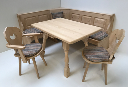 Eckbankgruppe LINDAU 150/185 Fichte, Tisch 4510-Amberg, Stuhl Munich, Armlehnstuhl Munich, Polster