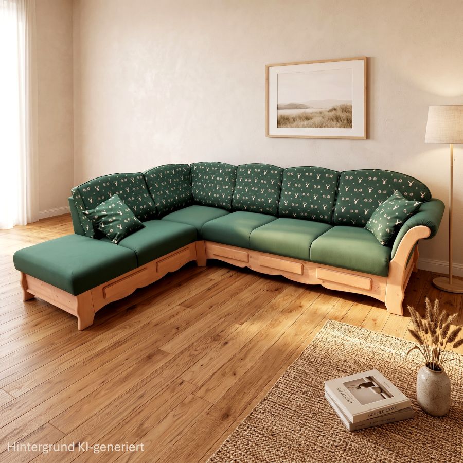 Sofa Ecksofa Sterzing, Spitzecke, Stellmaß 215/282, TS-3002 Hirsch grün, TS-3016 Uni grün