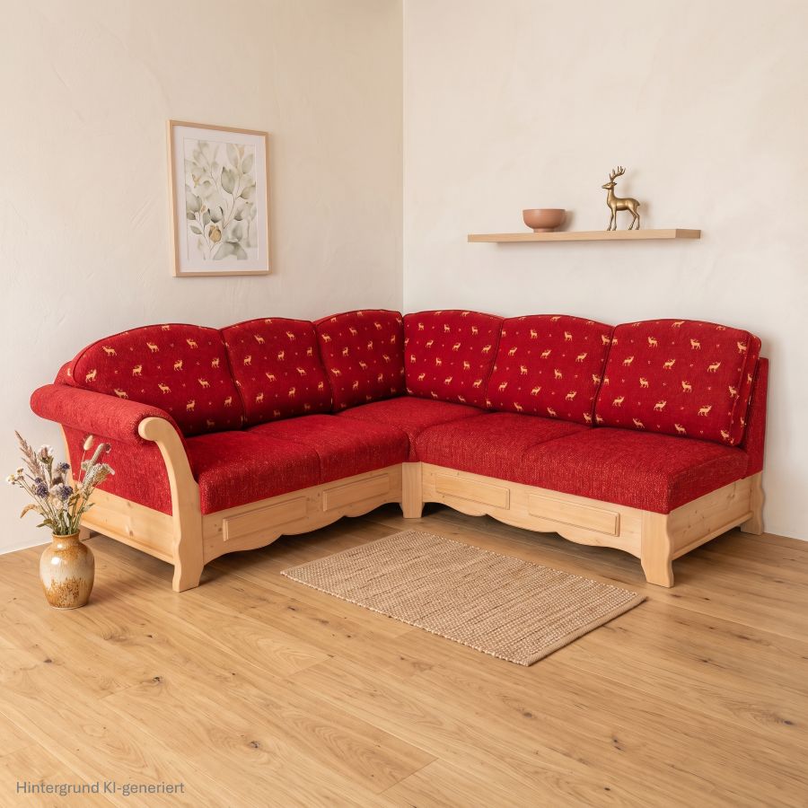 Sofa Ecksofa Sterzing , 227/215 cm, Abschluss rechts offen, Hirsch rot TS-6242, Uni Punkt rotTS-6248