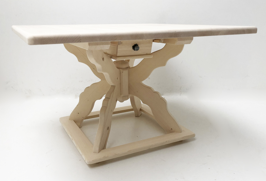 Kreuzfußtisch Kreuzzargentisch  Lindau, mit Fußleiste, Schubladen, 120/120 cm, Ahornplatte 4 cm 