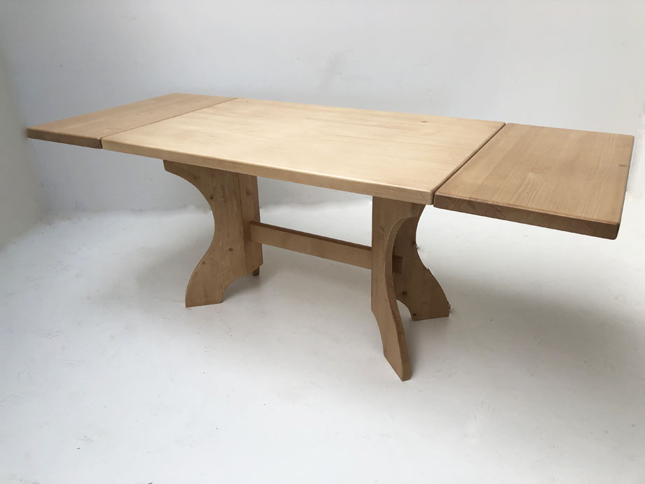 Kreuzwangentisch Füssen 120/85 cm, massive Fichtenplatte 4 cm , 2 Ansteckplatten 40 cm, Antik hell