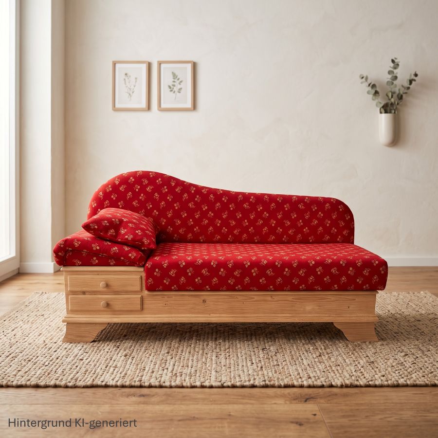 Sofa Liege Chiemgau Sonderlänge 170 cm, Rosner natur gewachst, Mülheim Streublume rot